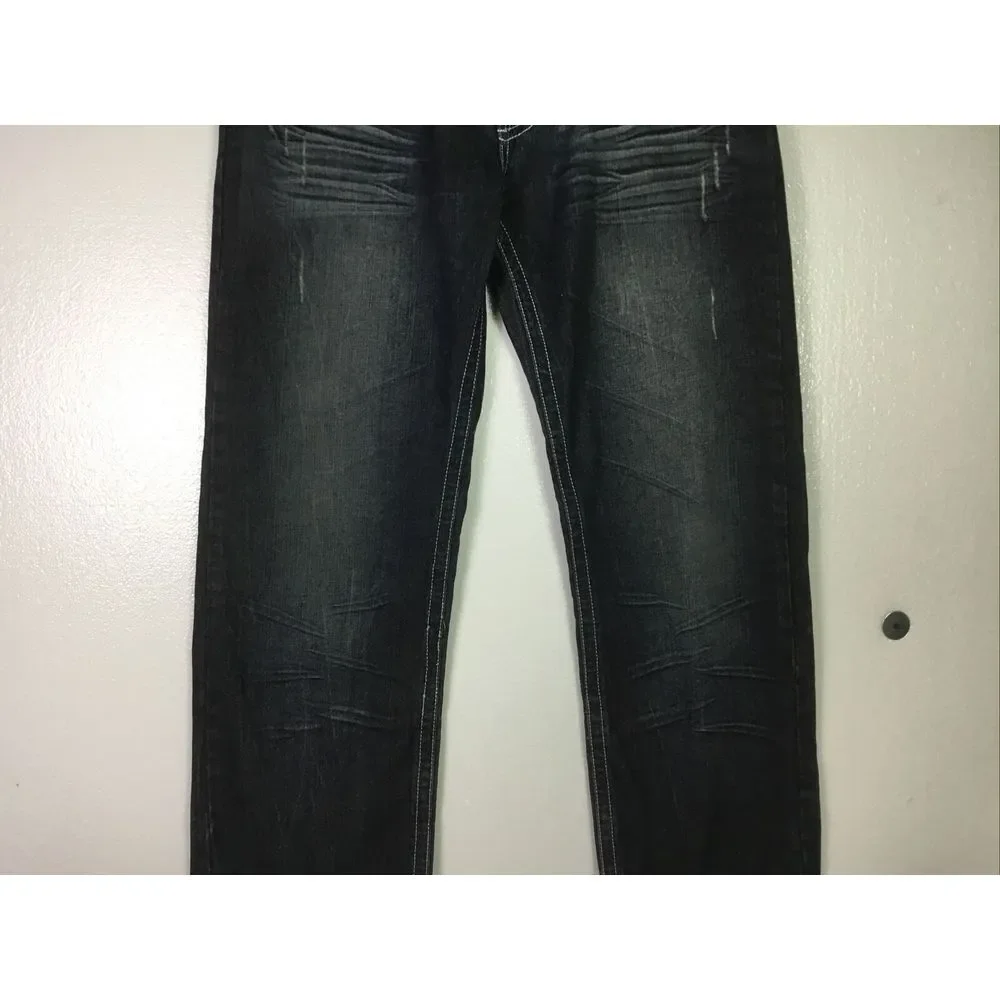 OTB Mens Jeans 38X32 Distressed embroidered StreetWear Blue denim cat whiskers - Picture 3 of 9